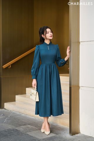 Đầm tay bồng phối khuy bọc