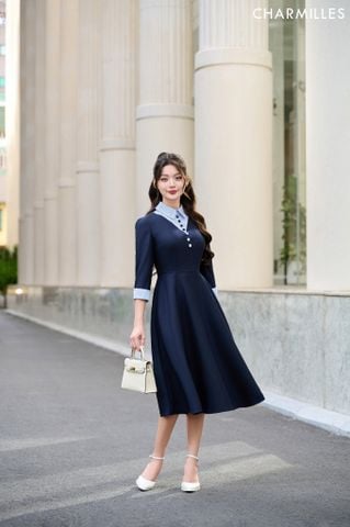 Đầm sơ mi phối khuy bọc