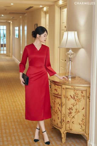 Đầm cổ V nhún eo