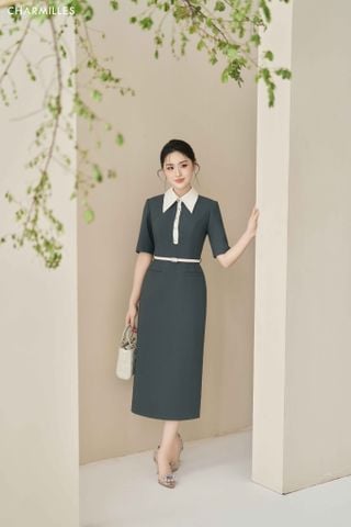 Đầm đai eo cổ phối