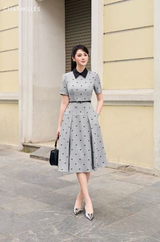 Đầm xếp ly cổ phối