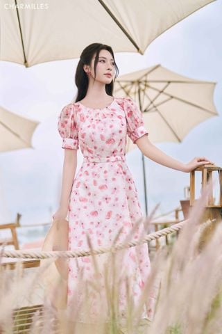 Đầm hoa nhí nhún ly cổ
