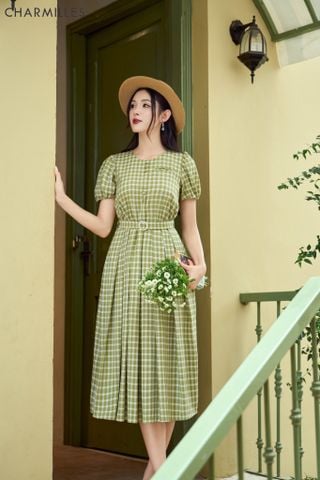 Đầm caro phối khuy bọc