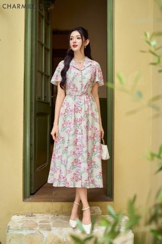 Đầm hoa xếp ly phối khuy bọc
