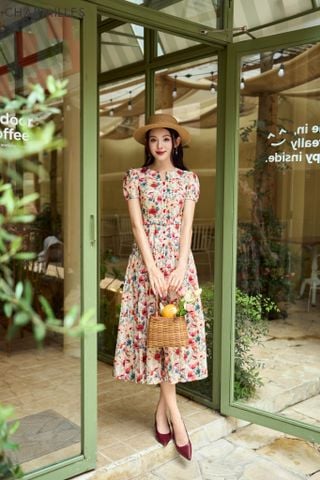 Đầm hoa phối khuy bọc