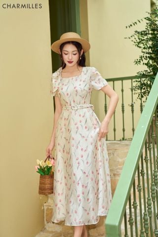 Đầm hoa cổ vuông