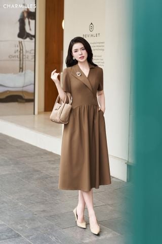 Đầm cổ bẻ nhún eo