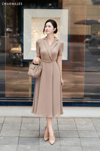 Đầm cổ bẻ phối đai tết