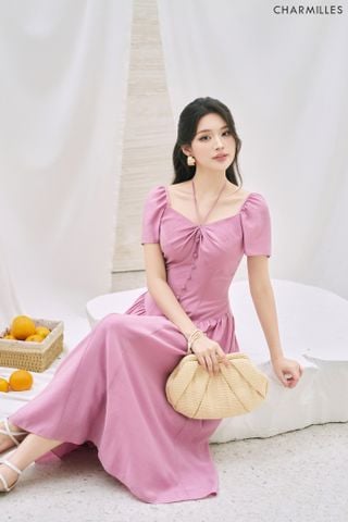 Đầm maxi cổ nhúm đính khuy bọc