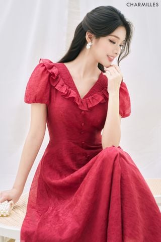 Đầm cổ V bèo nhún