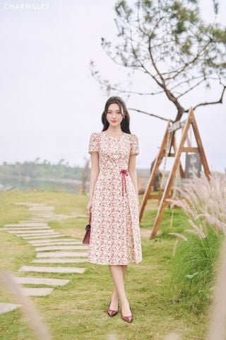 Đầm hoa đính nơ eo