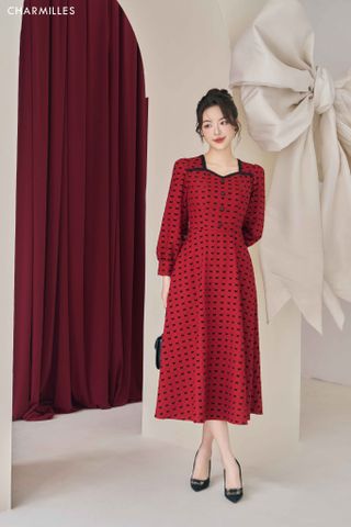 Đầm chấm bi phối cổ ren