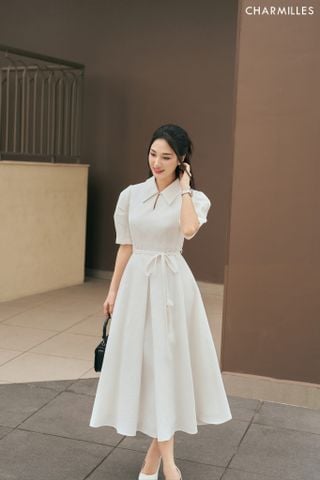 Đầm tay bồng phối đai hoa