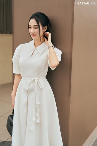 Đầm tay bồng phối đai hoa