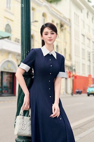 Đầm công sở phối gập trắng