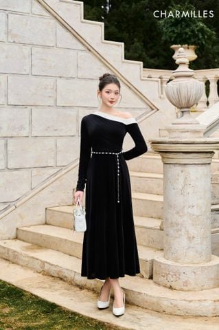 Đầm nhung cổ lệch