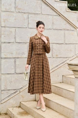 Đầm kẻ phối khuy bọc