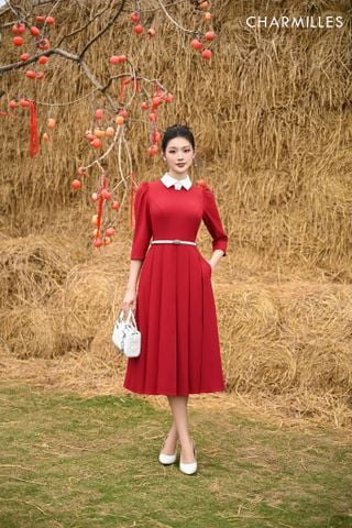 Đầm xếp ly cổ phối