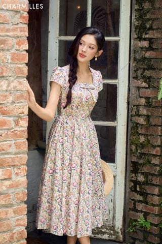 Đầm hoa đính nơ cổ