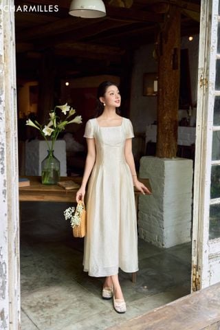Đầm cổ vuông eo diễu chỉ