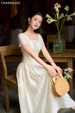Đầm cổ vuông eo diễu chỉ
