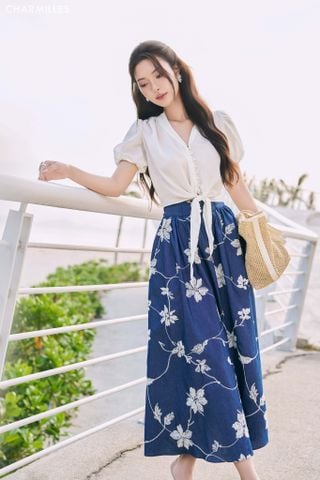 Chân váy hoa thêu cạp nhún