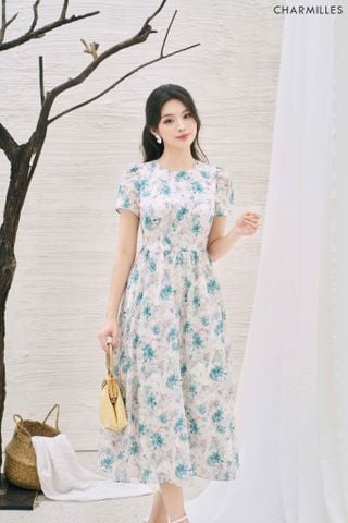 Đầm hoa cổ tròn eo nhún