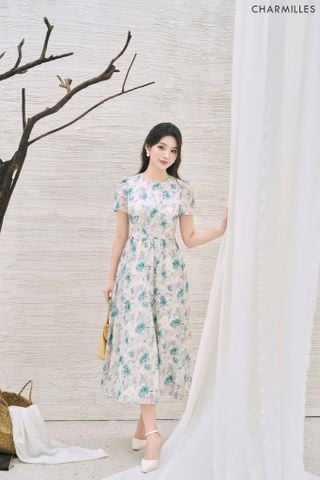 Đầm hoa cổ tròn eo nhún