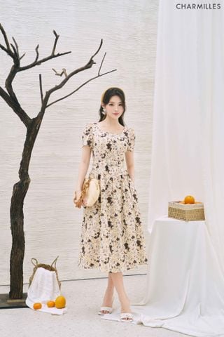 Đầm hoa cổ vuông phối khuy bọc