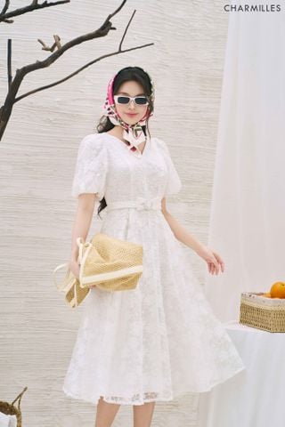 Đầm ren thêu đai nơ