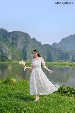 Đầm hoa trễ vai tay chun