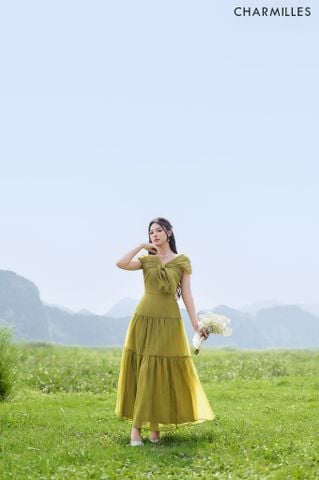 Đầm tơ dáng xòe gấu nối