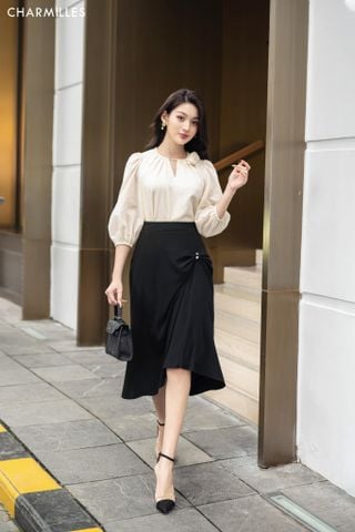 Chân váy ngọc trai xếp mí ngang