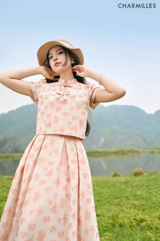 Chân váy hoa xếp ly dáng xòe