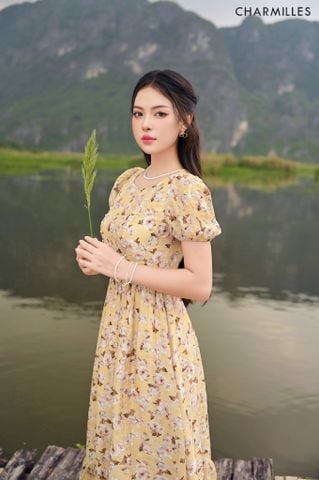 Đầm hoa nhí dáng xoè gấu nối