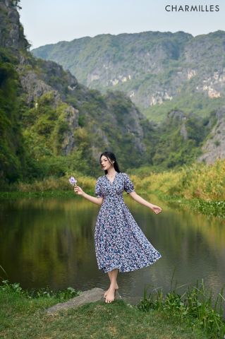 Đầm hoa nhí xếp ly tay bồng