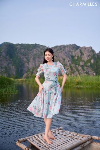 Đầm hoa dáng xòe gấu nối