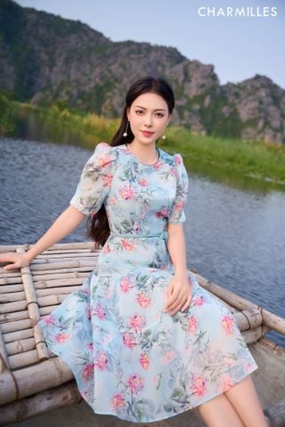 Đầm hoa dáng xòe gấu nối