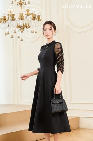Đầm tay lưới cổ đính