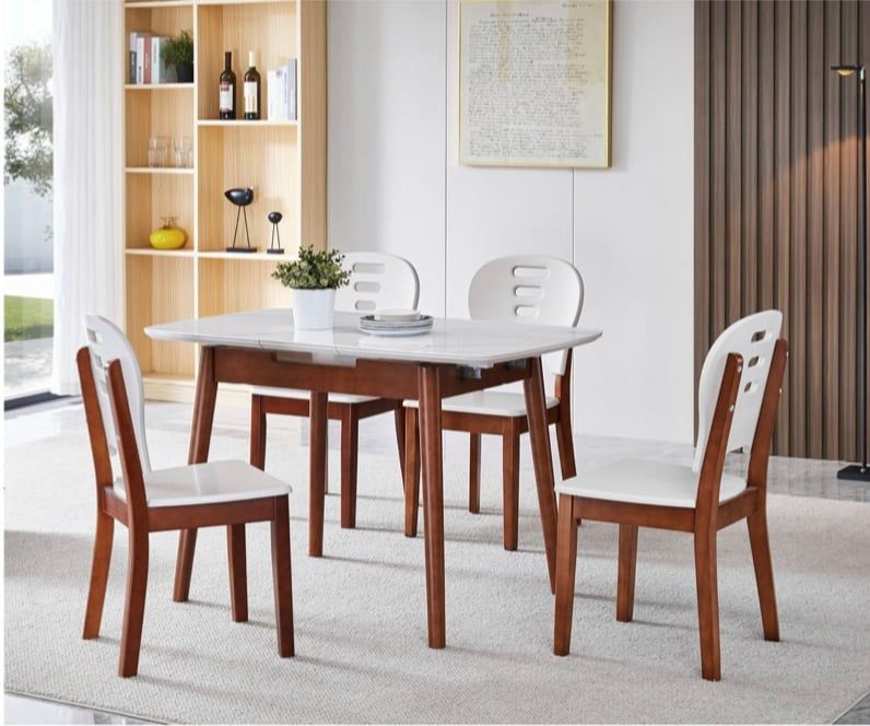 Bàn ăn mặt đá chân gỗ mở rộng 1,1m-1,4m + 4 Ghế  B15