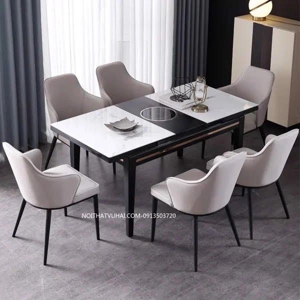 Bộ Bàn Ăn  6 Ghế Da + Bàn Có Bếp Từ A05