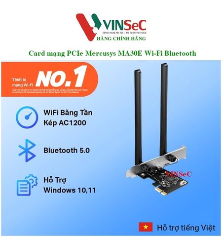 Card mạng PCIe Mercusys MA30E Wi-Fi Bluetooth AC1200 - Hàng Chính Hãng