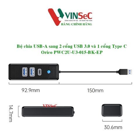 Bộ Chia Orico USB-A sang 2 cổng USB 3.0 5Gps + 1 cổng TypeC 5Gbps PWC2U-U3-015 Orico - Hàng Chính Hãng