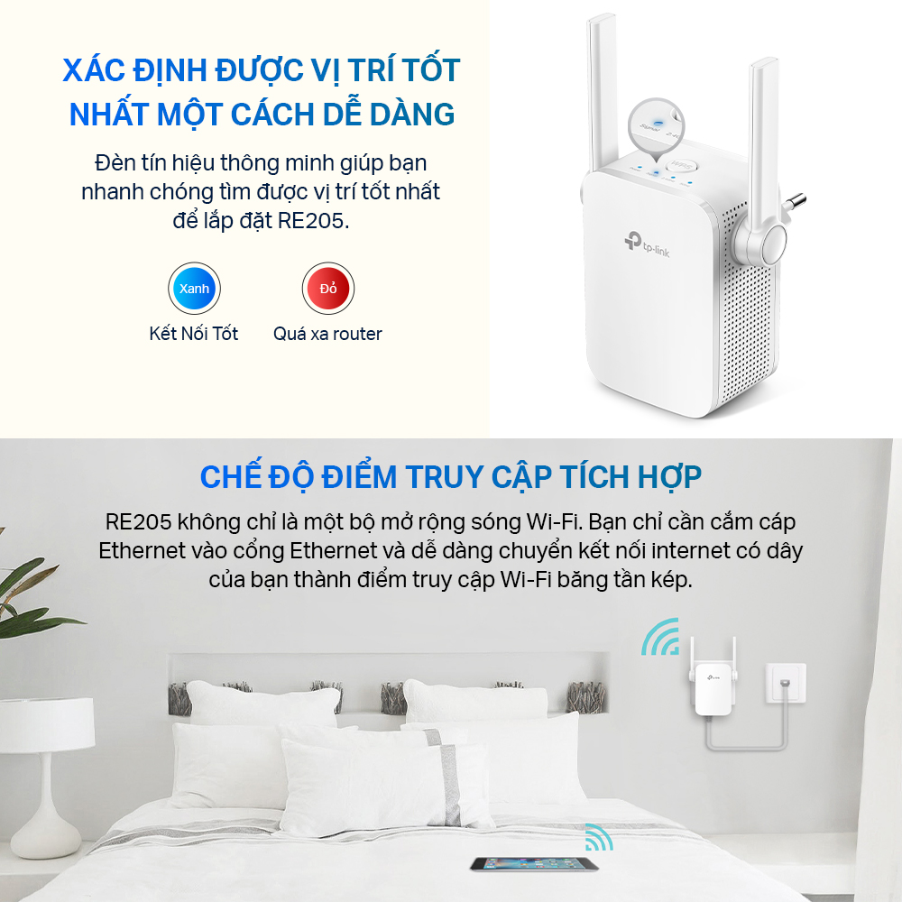  Bộ Mở Rộng Sóng Wifi TP-Link RE205 Băng Tần Kép AC750 - Hàng Chính Hãng 