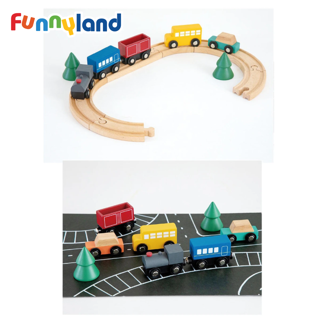 Geni - Bộ đồ chơi phương tiện giao thông bằng gỗ (Train and Automobiles Set)