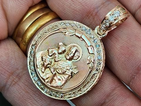  mặt dây chuyền công giáo thánh Giuse bồng chúa Giesu vàng 10k xoàn thiên nhiên 