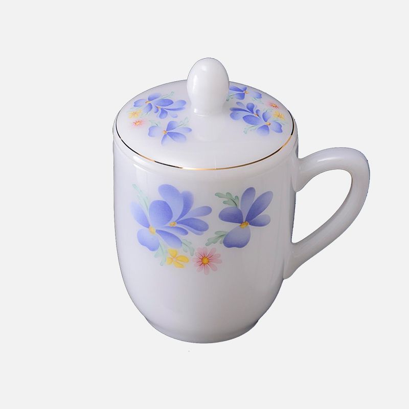 Ca trà/cốc có nắp thủy tinh Opal hoa màu xanh