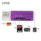  2 PCS Đa tất cả trong 1 USB 2.0 Đầu đọc thẻ nhớ Micro SD SDHC TF M2 MMC MS PRO DUO (Màu tím) 