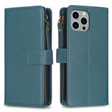  Đối với iPhone 15 Pro Max 9 khe cắm thẻ Zipper Wallet Leather Flip Phone Case (Màu xanh lá cây) 