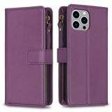  Đối với iPhone 15 Pro Max 9 khe cắm thẻ Zipper Wallet Leather Flip Phone Case (Màu xanh lá cây) 